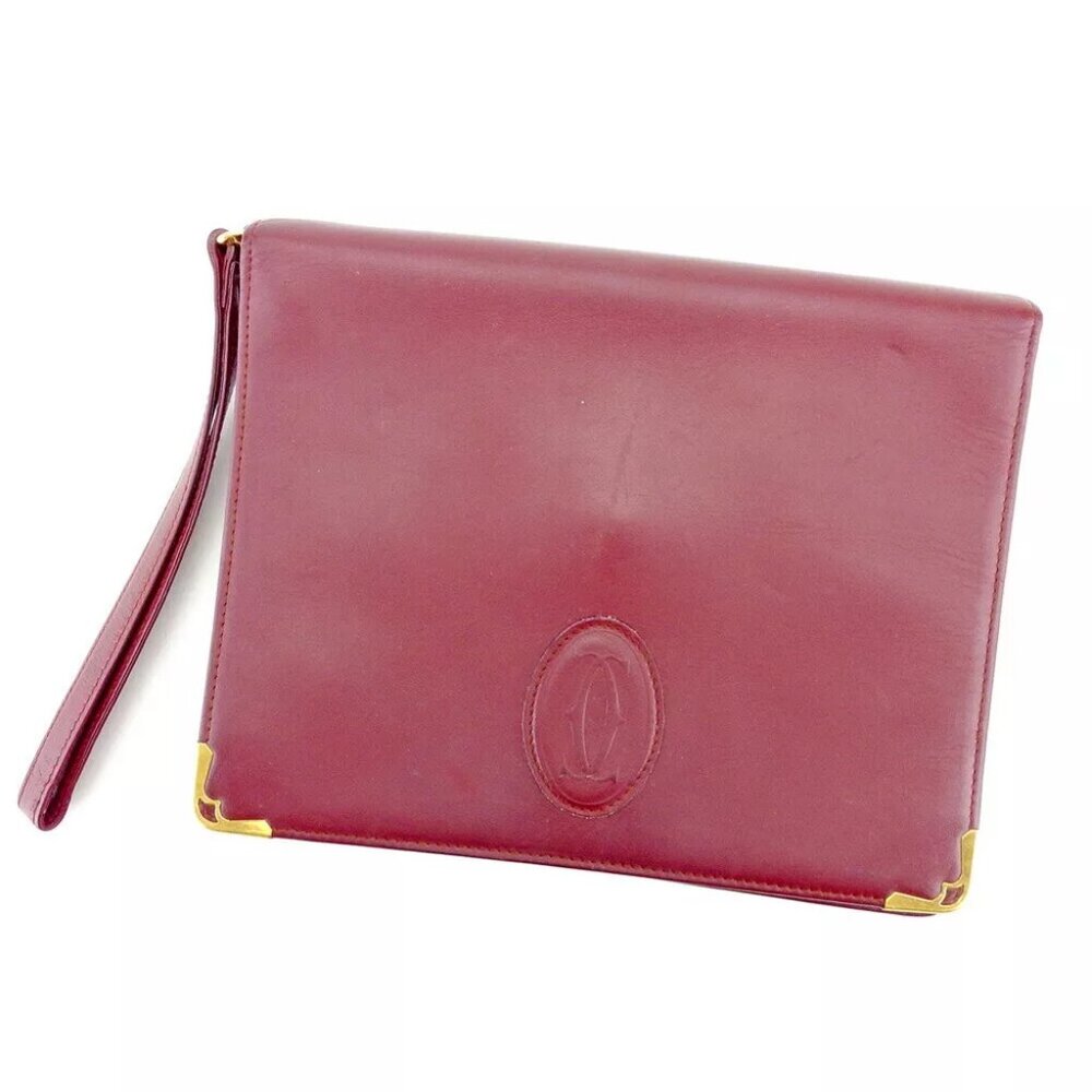 Cartier clutch bag mast line Bordeaux Gold Women Men Authentic